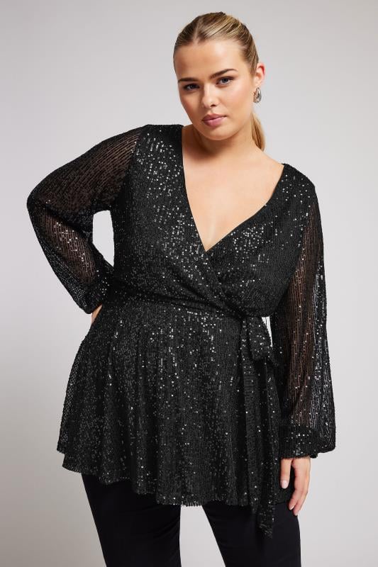 YOURS LONDON Curve Black Wrap Sequin Top