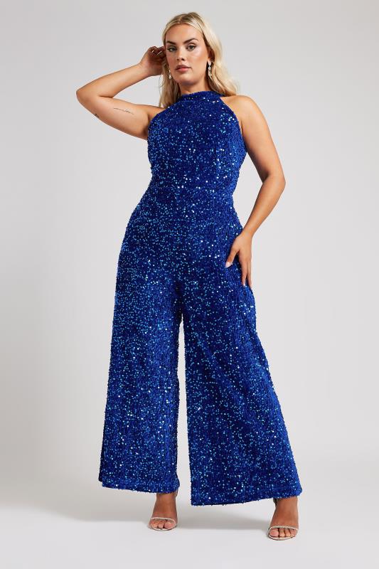 YOURS LONDON Curve Blue Sequin Velvet Jumpsuit 3 YOURS LONDON Curve Blue Sequin Velvet Jumpsuit