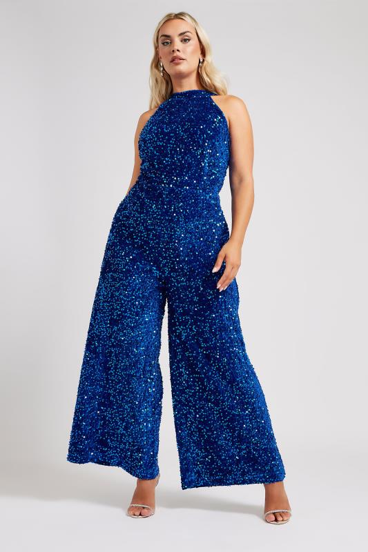 YOURS LONDON Curve Blue Sequin Velvet Jumpsuit 4 YOURS LONDON Curve Blue Sequin Velvet Jumpsuit