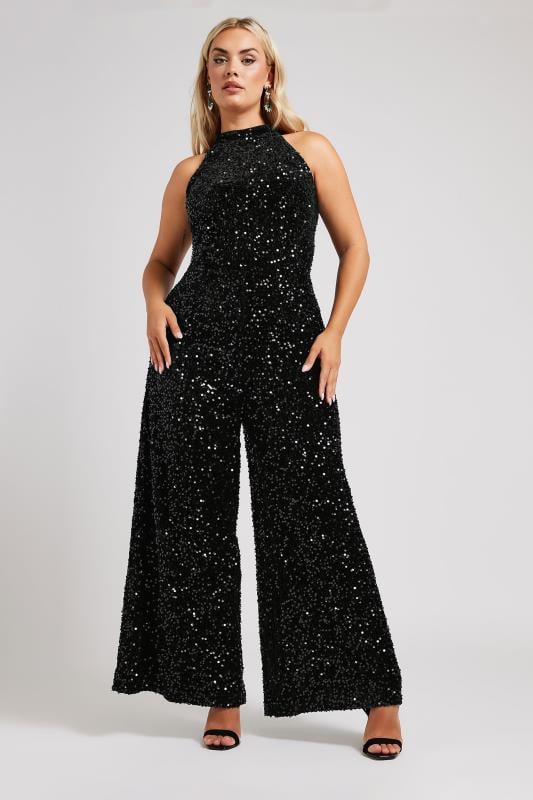 YOURS LONDON Curve Black Sequin Velvet Jumpsuit