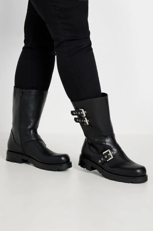 Black Faux Leather Biker Calf Boots In Extra Wide EEE Fit