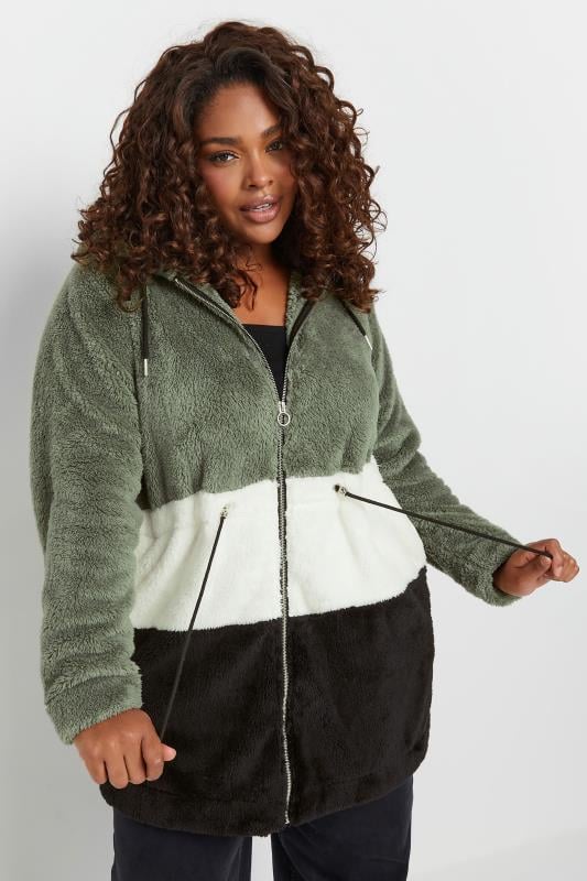 YOURS Curve Black & Sage Green Colour Block Fleece Jacket