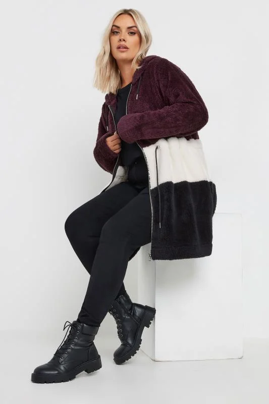 YOURS Curve Black & Berry Red Colour Block Fleece Jacket 3 YOURS Curve Black & Berry Red Colour Block Fleece Jacket