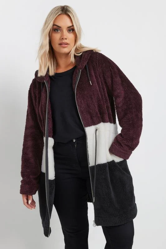 YOURS Curve Black & Berry Red Colour Block Fleece Jacket