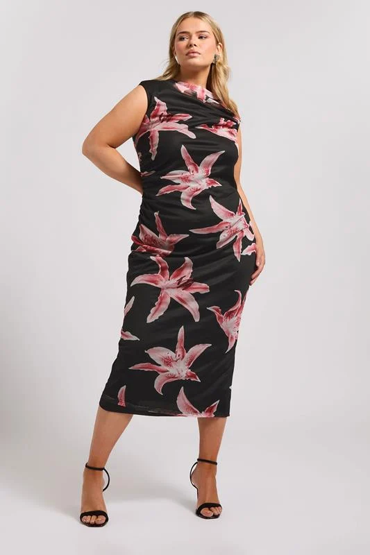 YOURS LONDON Curve Black Floral Print Slash Neck Dress 5 YOURS LONDON Curve Black Floral Print Slash Neck Dress