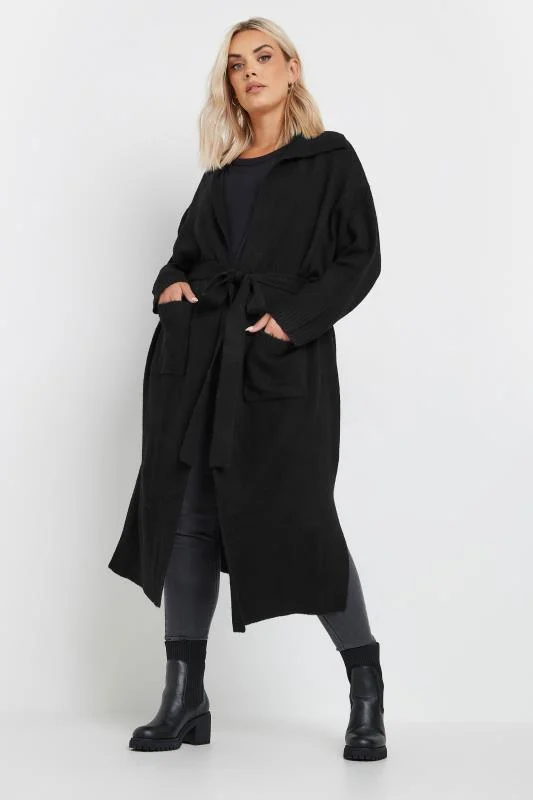 YOURS Curve Black Collared Tie Waist Coatigan