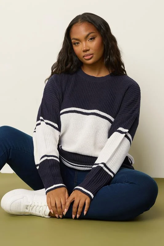 YOURS Curve Navy Blue Stripe Knitted Jumper