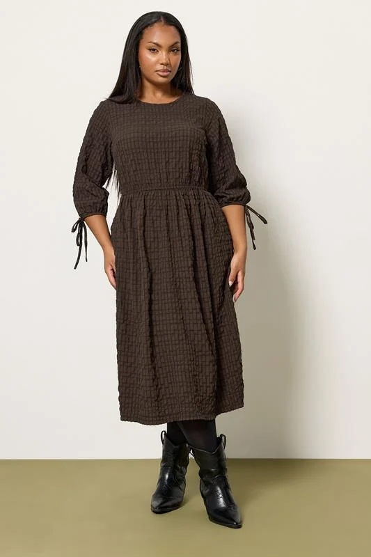 YOURS Curve Chocolate Brown Textured Check Midaxi Dress