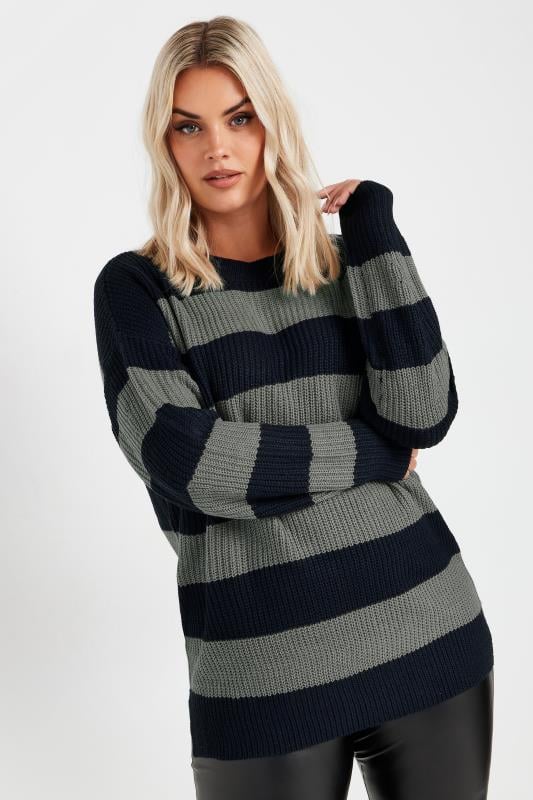 YOURS Curve Navy Blue & Grey Stripe Knitted Jumper 5 YOURS Curve Navy Blue & Grey Stripe Knitted Jumper