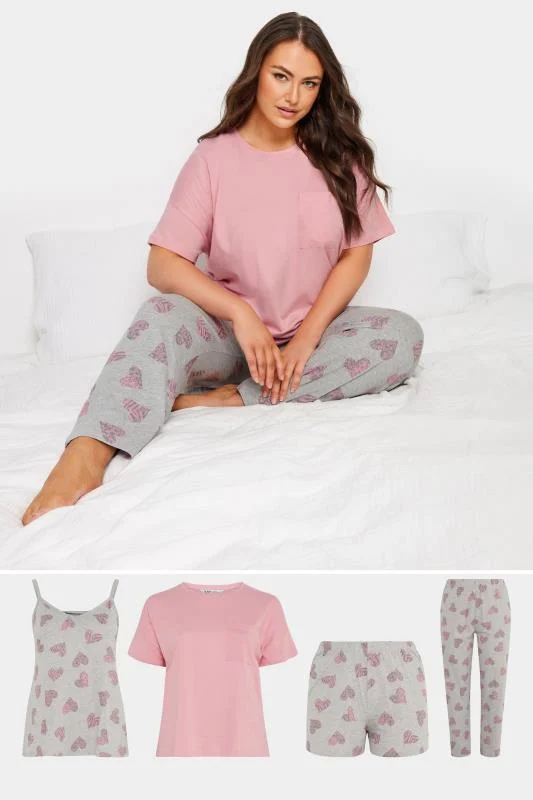 YOURS 4 PACK Curve Grey Love Heart Print Pyjama Set