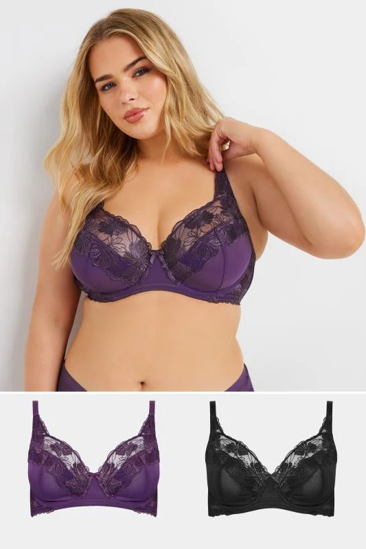 YOURS 2 PACK Curve Purple Embroidered Floral Underwired Bra