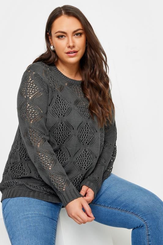 YOURS Curve Grey Crochet Stitch Jumper