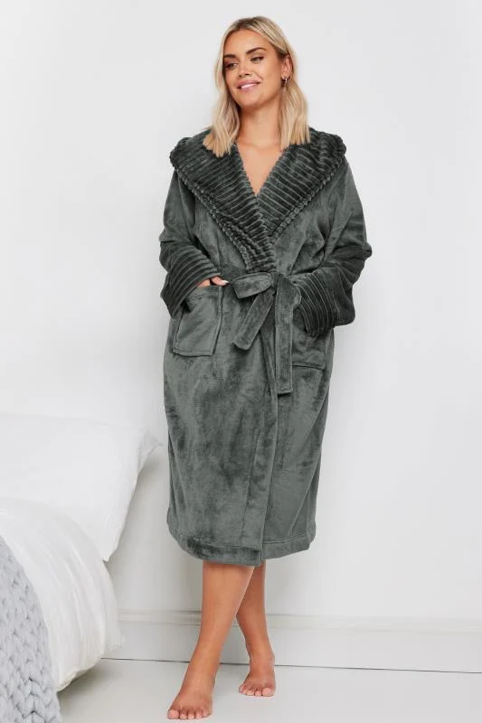 YOURS Curve Grey Ribbed Trim Hooded Dressing Gown