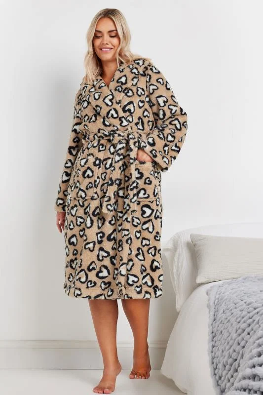 YOURS Curve Beige Brown Heart Print Shawl Dressing Gown