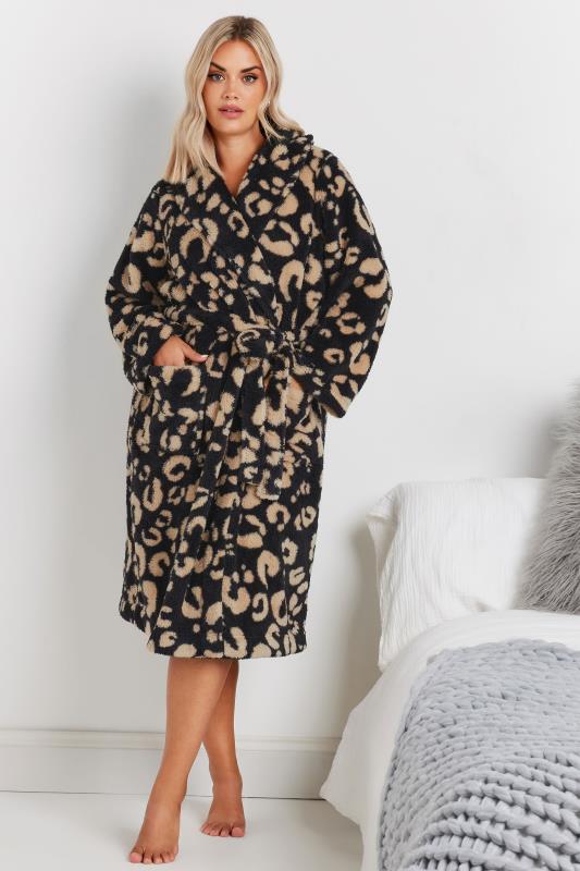 YOURS Curve Black Leopard Print Shawl Collar Dressing Gown