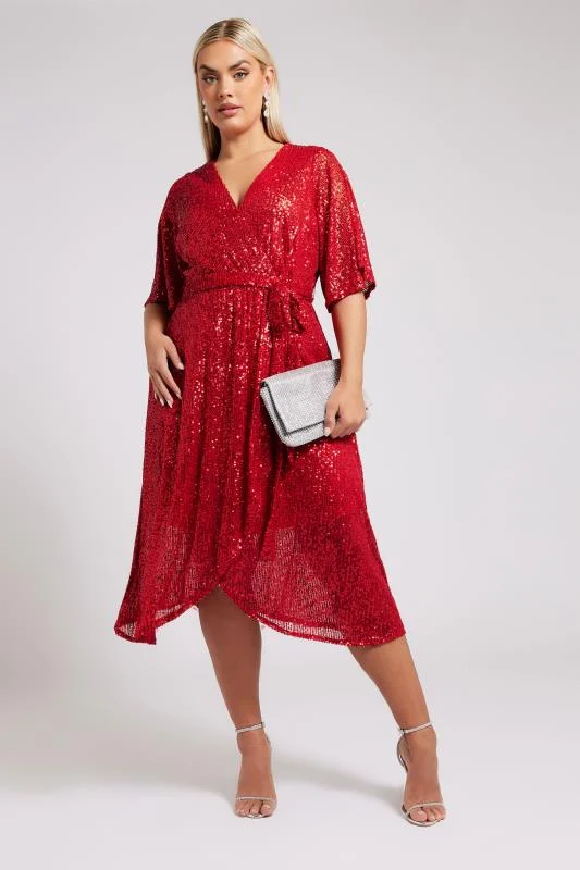 YOURS LONDON Curve Red Sequin Wrap Dress