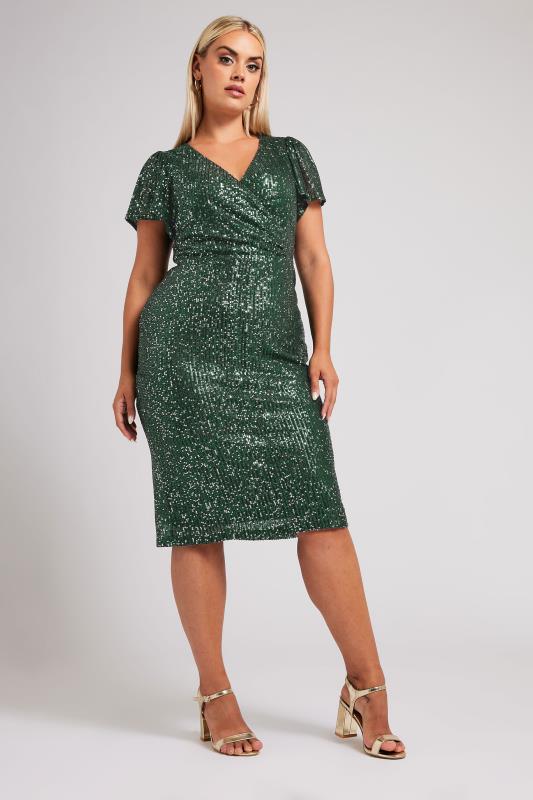 YOURS LONDON Curve Green Sequin Embellished Wrap Dress