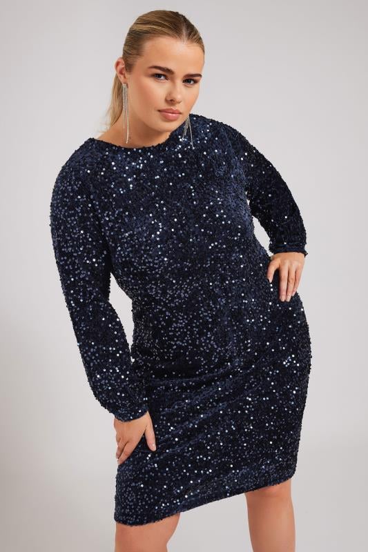 YOURS LONDON Curve Navy Blue Sequin Velvet Shift Dress