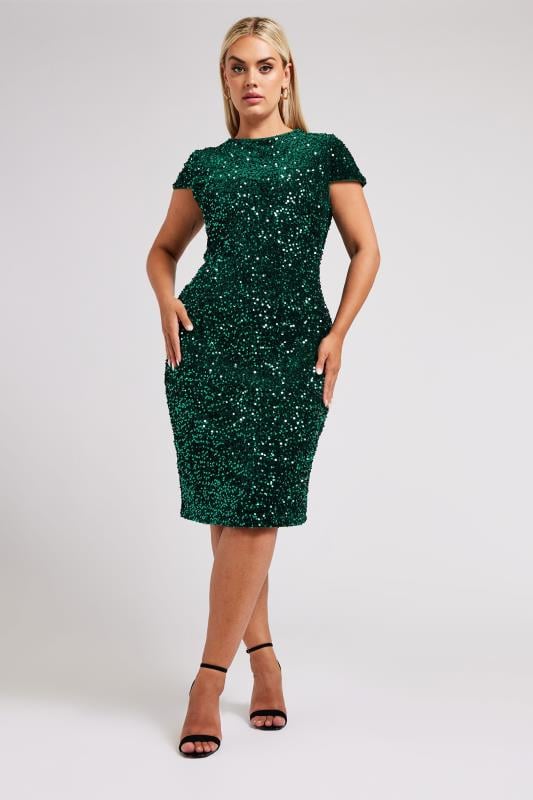 YOURS LONDON Curve Green Velvet Sequin Dress