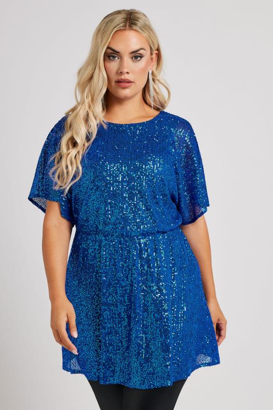 YOURS LONDON Curve Cobalt Blue Peplum Sequin Top