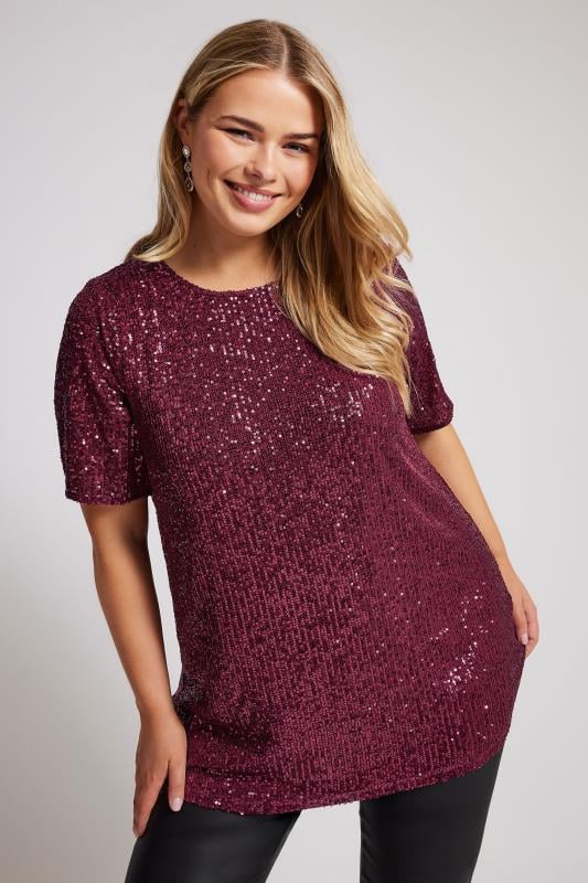 YOURS LONDON Curve Burgundy Red Sequin Swing Top