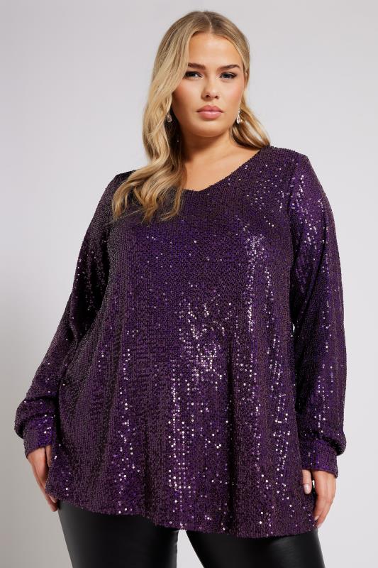 YOURS LONDON Curve Purple Sequin V-Neck Top