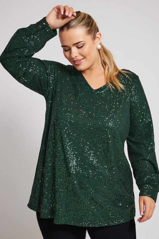YOURS LONDON Curve Green Sequin V-Neck Top