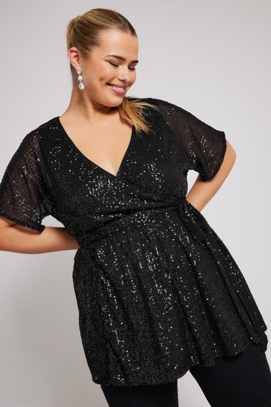 YOURS LONDON Curve Black Sequin Wrap Top