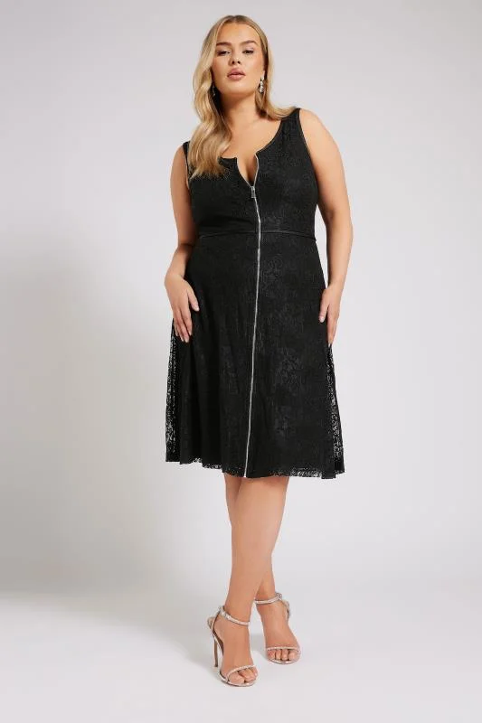 YOURS LONDON Curve Black Zip Front Lace Skater Dress