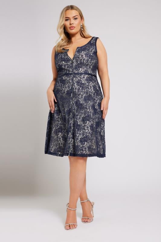 YOURS LONDON Curve Blue Zip Front Lace Skater Dress