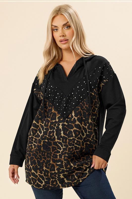 YOURS Curve Black Leopard Print Stud Hoodie