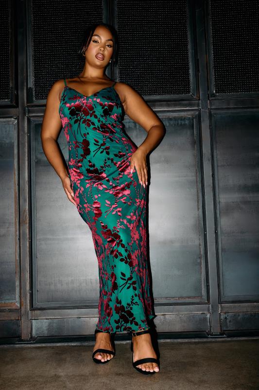 YOURS LONDON Curve Green Velour Floral Midaxi Slip Dress