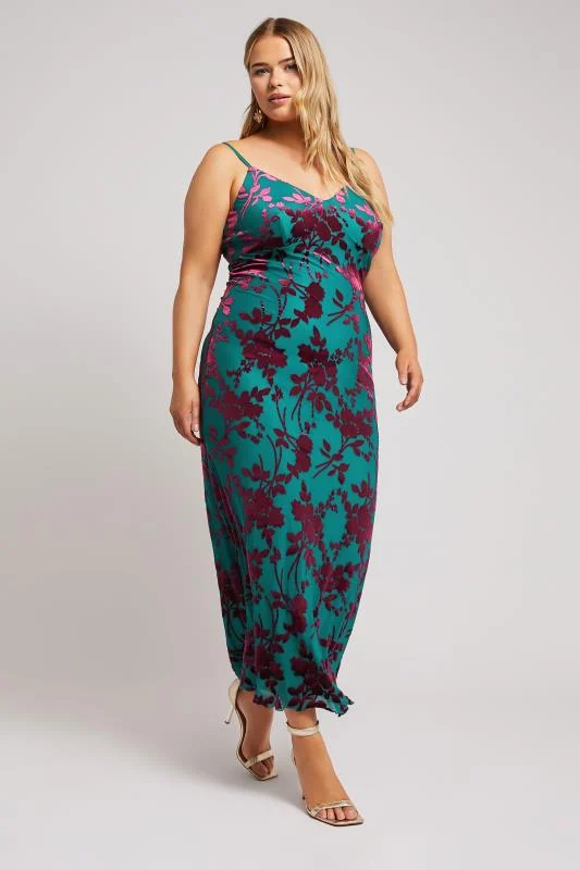 YOURS LONDON Curve Green Velour Floral Midaxi Slip Dress 3 YOURS LONDON Curve Green Velour Floral Midaxi Slip Dress