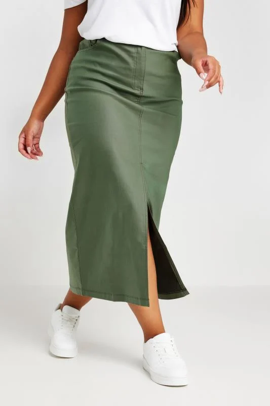 YOURS Curve Khaki Green Coated Split Hem Midaxi Skirt