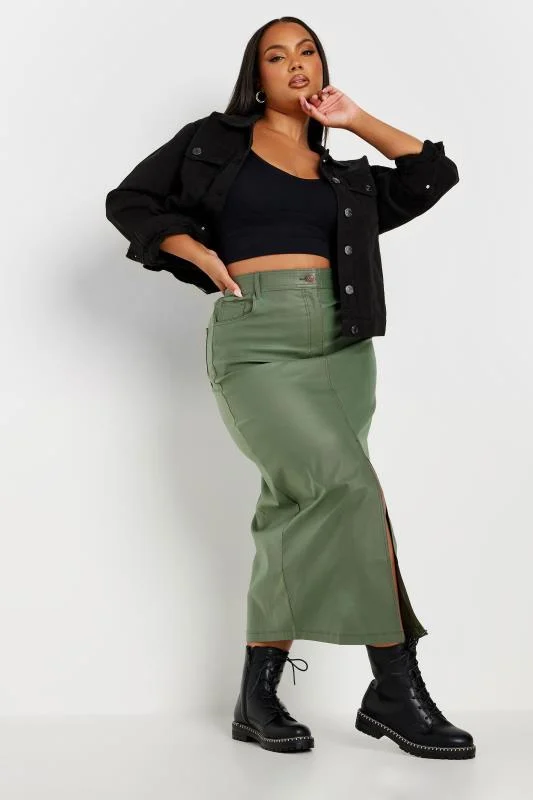 YOURS Curve Khaki Green Coated Split Hem Midaxi Skirt 3 YOURS Curve Khaki Green Coated Split Hem Midaxi Skirt