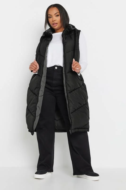 YOURS Curve Reversible Charcoal & Black Quilted Longline Hooded Gilet