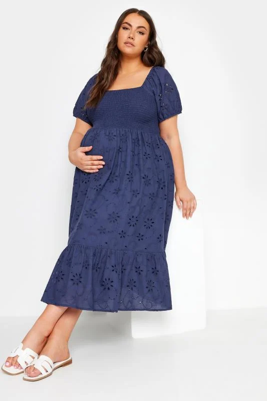 BUMP IT UP MATERNITY Curve Navy Blue Cotton Broderie Midi Dress