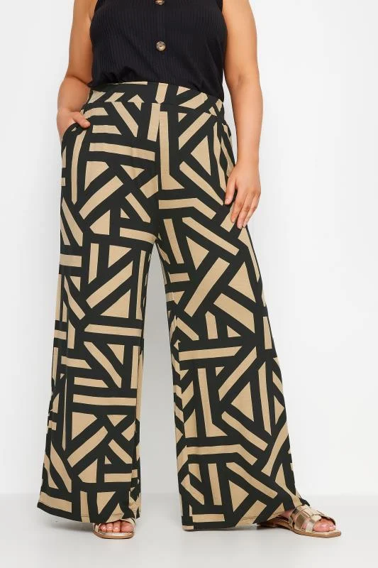 YOURS Curve Beige Brown Geometric Print Wide Leg Trousers