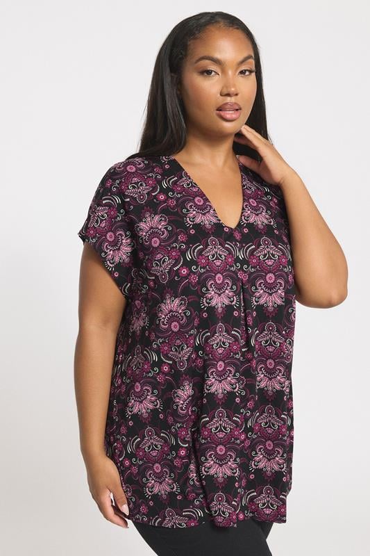YOURS Curve Black Paisley Print Pleated Top