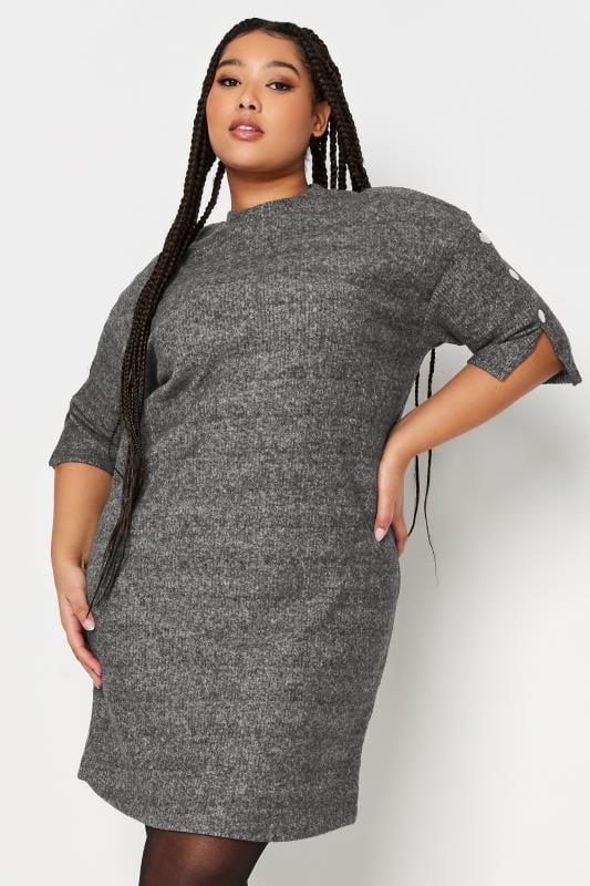 YOURS Curve Grey Soft Touch Button Detail Mini Dress