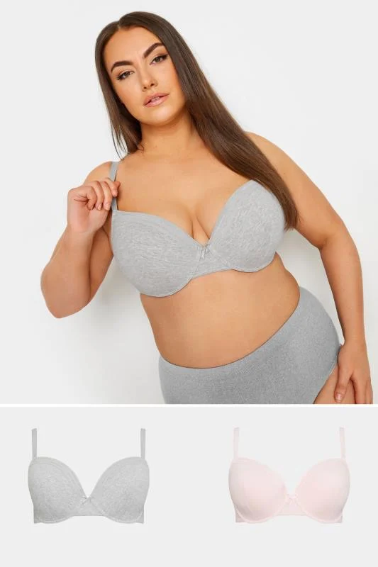 YOURS 2 PACK Grey Marl & Pink Lace Trim Padded Bra