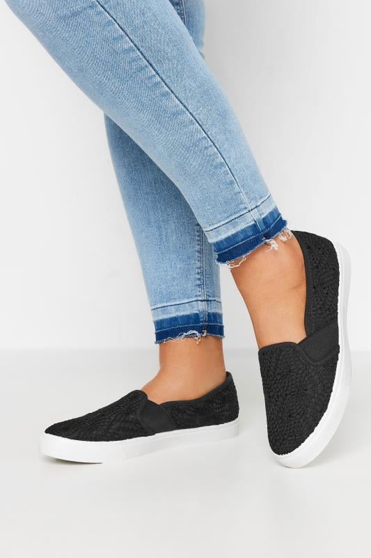 Black Broderie Anglaise Slip-On Trainers In Wide E Fit