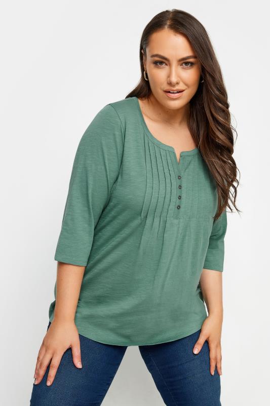 YOURS 2 PACK Curve Green & White Pintuck Henley T-Shirts 3 YOURS 2 PACK Curve Green & White Pintuck Henley T-Shirts