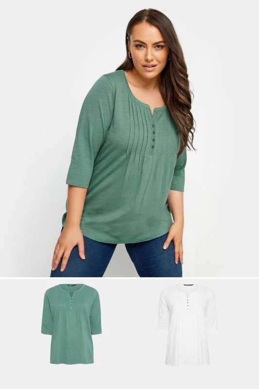 YOURS 2 PACK Curve Green & White Pintuck Henley T-Shirts