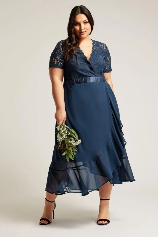 YOURS LONDON Curve Navy Blue Lace Wrap Ruffle Midi Dress