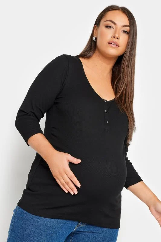 BUMP IT UP MATERNITY Curve Black Ribbed Popper Fastening Top