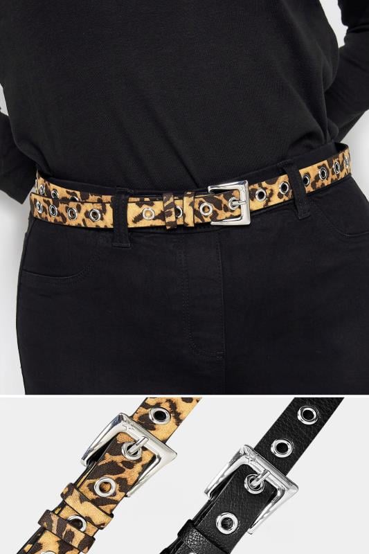 2 PACK Black & Beige Brown Animal Print Eyelet Detail Belts