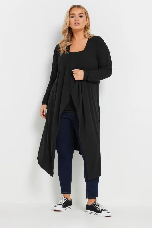 YOURS Curve Black Ribbed Midaxi Waterfall Cardigan
