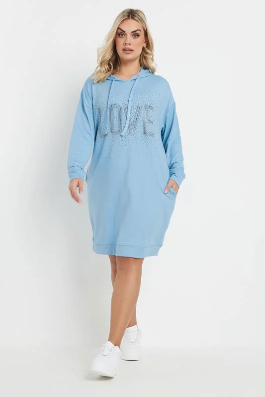YOURS Curve Blue Diamante Embellished'Love' Hoodie Dress