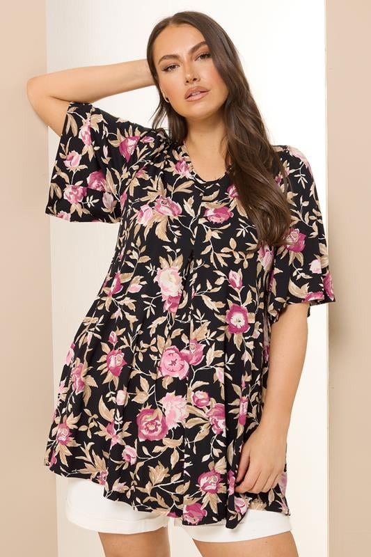YOURS Curve Black Floral Pleat Front Top